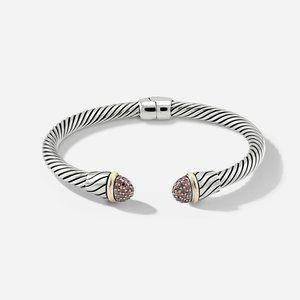 5mm Braided Silver & 18k Gold Cable Bracelet with Red Diamonds and Middle Clasp
